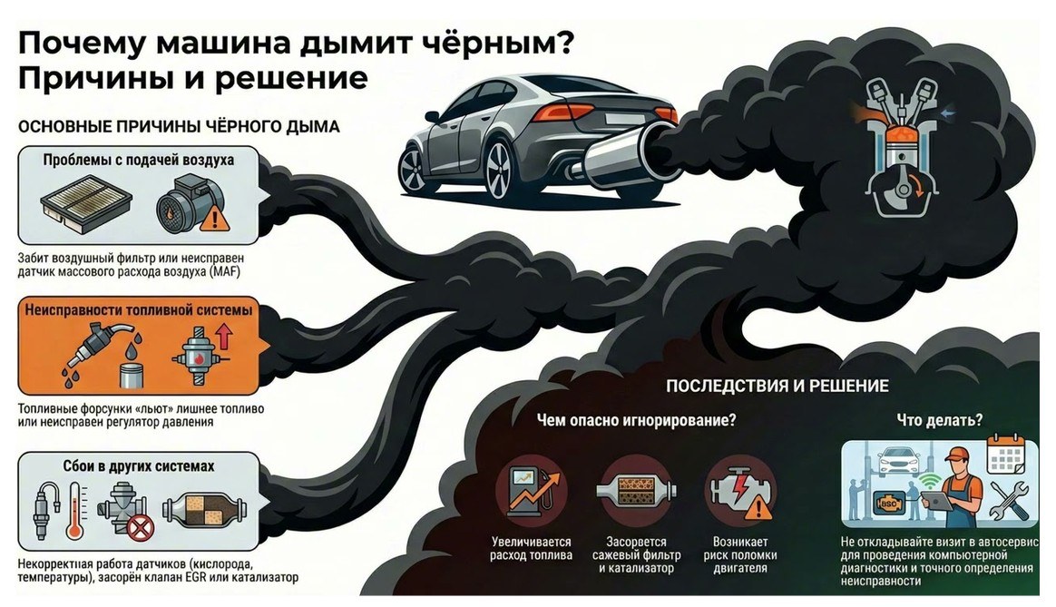 Чёрный дым при резком газе на бензине: смесь и форсунки